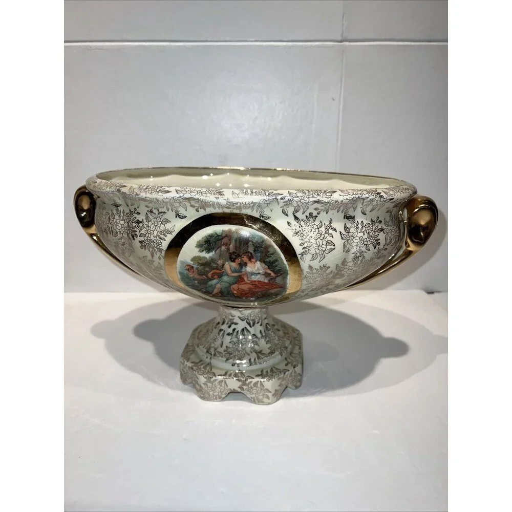 Vintage Empire Ware England Gold Pedestal Dish Centerpiece‎ with Victorian Scene